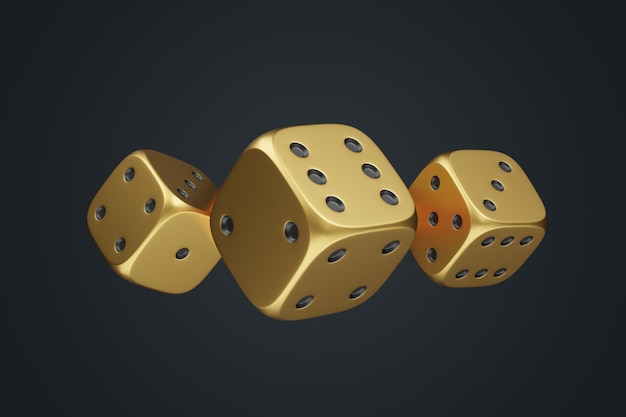 Tre dadi da gioco d'azzardo dorati su uno sfondo nero dadi fortunati giochi da tavolo rendering 3D