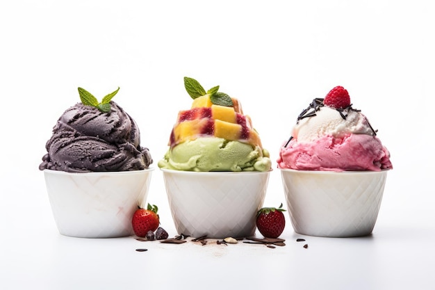 Tre diverse coppe gelato con frutta e bacche