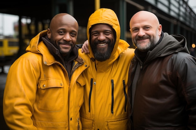 Tre diversi amici in giacche gialle e nere che sorridono per un ritratto