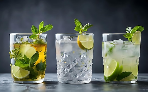 Tre diversi cocktail di mojito in una varietà di vetri ciascuno con il suo tocco unico