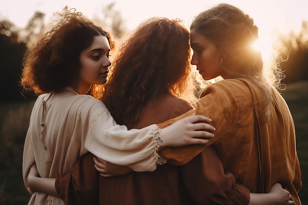 Tre donne che abbracciano e guardano il tramonto