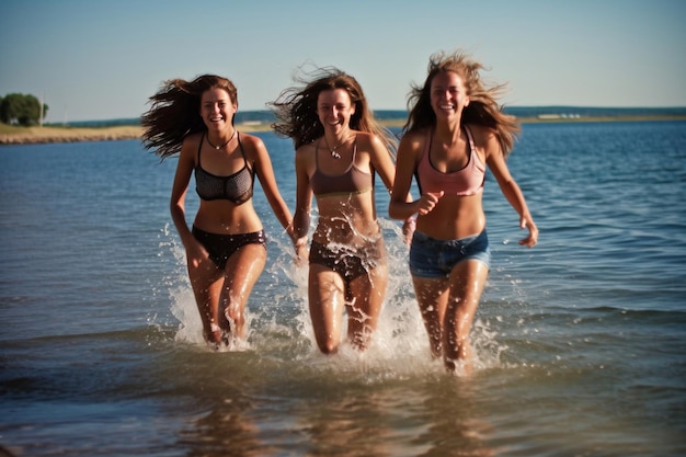 Tre donne che corrono in acqua, una delle quali indossa un bikini.