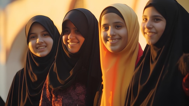 Tre donne che indossano l'hijab e un velo rosso