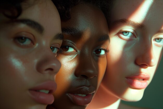 Tre donne con colori di pelle diversi sono in piedi davanti a una fonte di luce