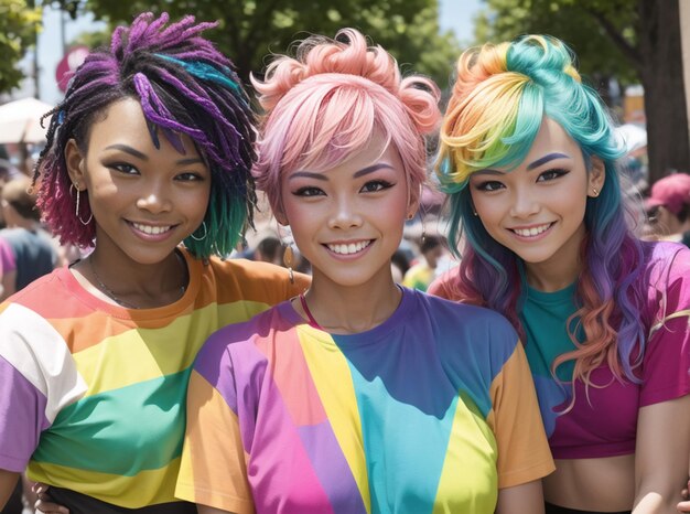 Tre donne con i capelli color arcobaleno posano per una foto.