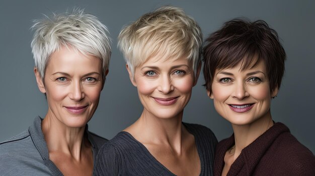 Tre donne con i capelli corti di fila