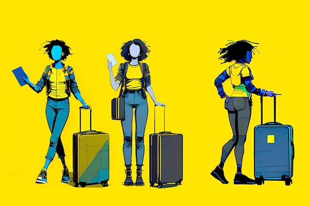 Tre donne con valigie e biglietti in fila su sfondo giallo AI