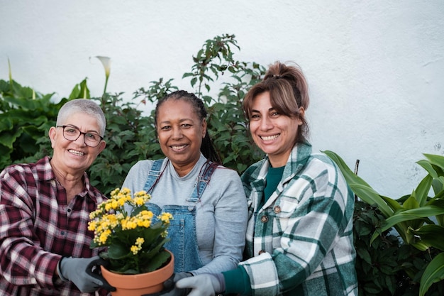 Tre donne di mezza età che fanno lavori di giardinaggio nel loro tempo libero Concetto di cura delle piante botaniche natura