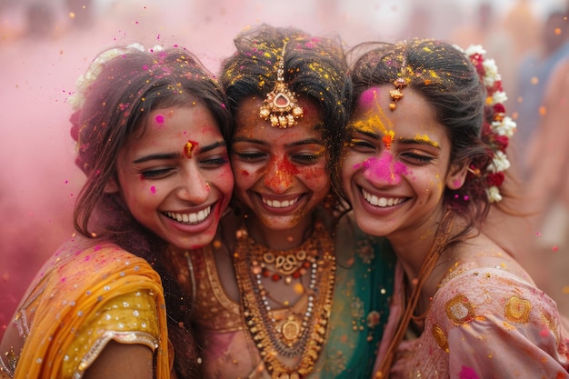 Tre donne gioiose in abiti tradizionali che festeggiano Holi con colori vivaci