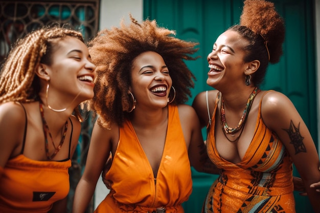 Tre donne in abiti arancioni ridono e ridono.