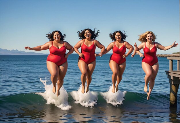 tre donne in costume da bagno rosso che saltano in acqua