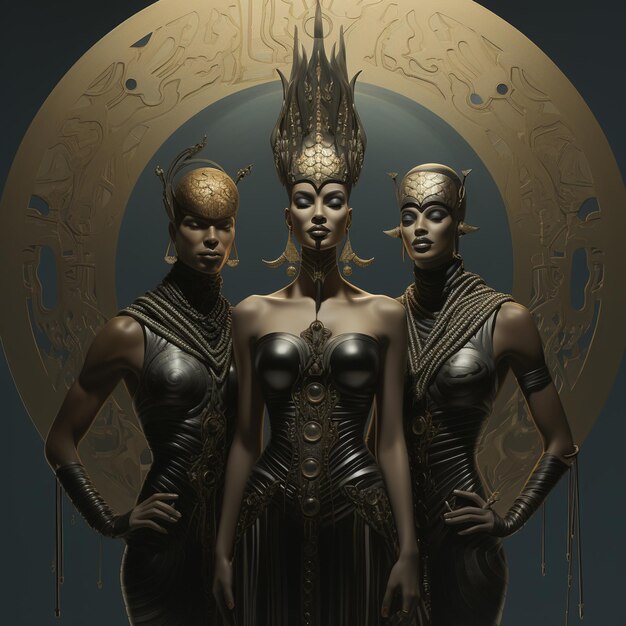 tre donne in costume stanno di fronte a un cerchio d'oro generativo ai