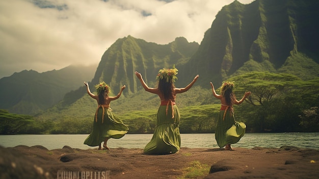 Tre donne in gonne verdi ballano su una spiaggia generativa ai