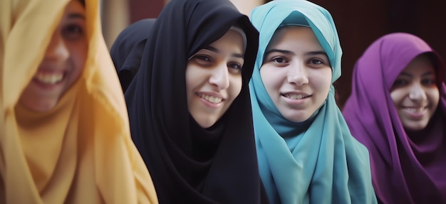 Tre donne musulmane sono in piedi davanti a un edificio e una indossa un hijab blu.