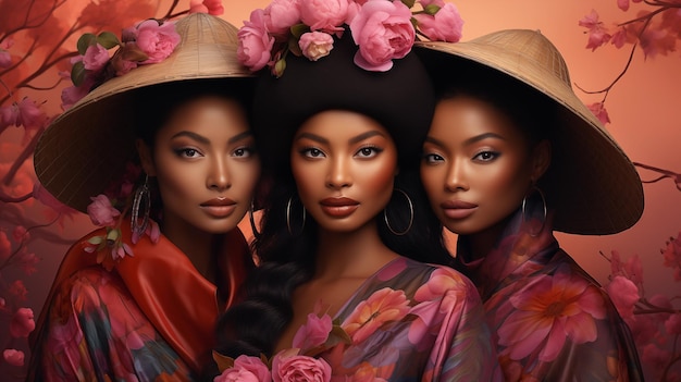 tre donne nere in stile giapponese con fiori concetto di giornata internazionale della donna
