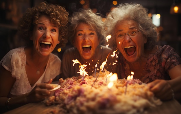 Tre donne senior felici e candele sulla torta di compleanno per una celebrazione