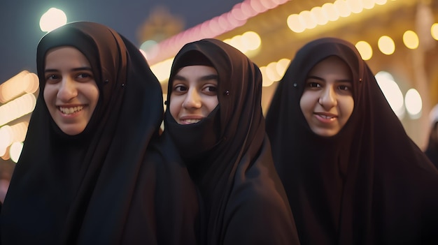Tre donne sono in fila, una indossa un hijab nero e l'altra indossa un hijab nero.