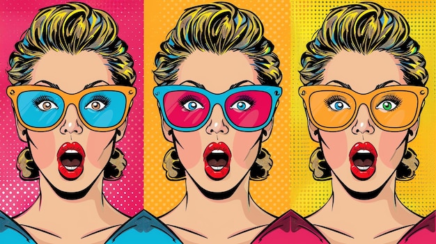 Tre donne sorprese con occhiali di colori diversi L'immagine è in stile pop art