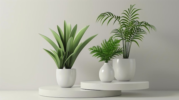Tre eleganti piante d'appartamento in vasi bianchi seduti su un semplice palco bianco su uno sfondo bianco