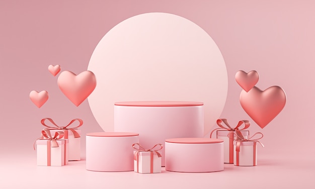 Tre fasi modello San Valentino matrimonio amore a forma di cuore e confezione regalo 3D Rendering