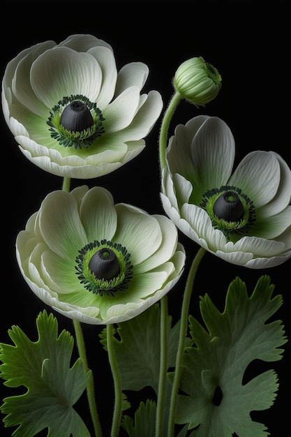 Tre fiori bianchi con foglie verdi in un vaso ai generativo