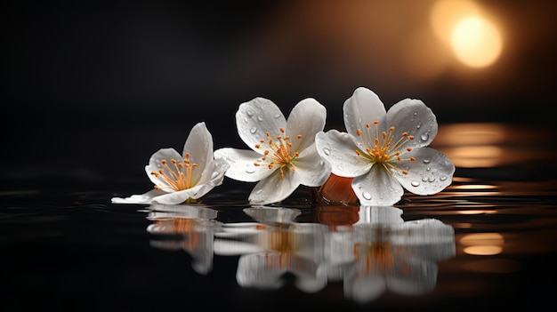 tre fiori bianchi galleggianti in acqua su uno sfondo scuro