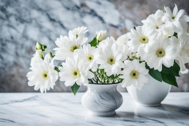 tre fiori bianchi in vasi bianchi con uno che dice margherite
