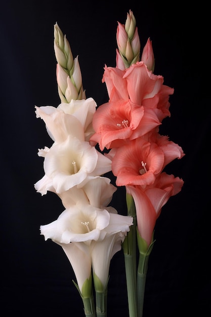 Tre fiori di gladiolo in un vaso con uno sfondo nero.