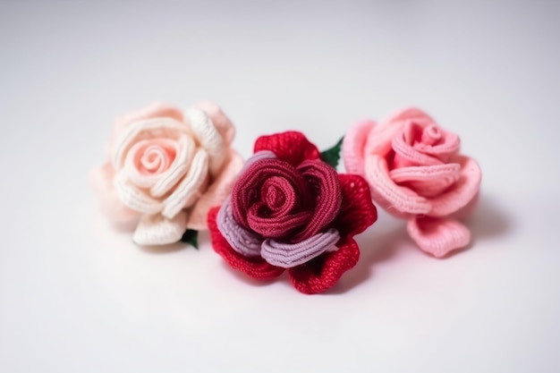 Tre fiori realizzati in tessuto di cotone e tessuto.