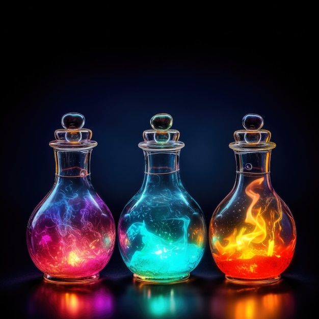Tre flaconi di vetro con pozioni magiche incandescenti di colori diversi su sfondo scuro con illustrazioni di IA generativa dello spazio di copia