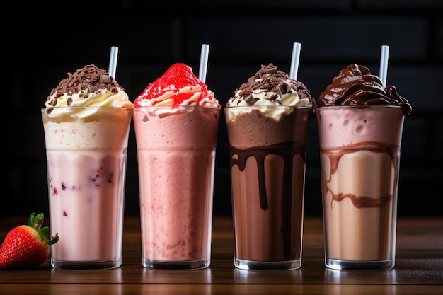 Tre frappè ciascuno con un sapore diverso cioccolato vaniglia e fragola