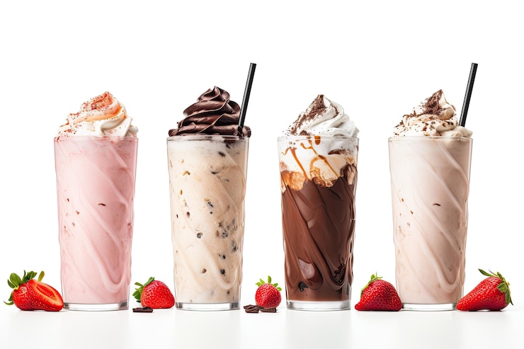 Foto tre frappè in diversi gusti cioccolato fragola e vaniglia separati su un piatto bianco