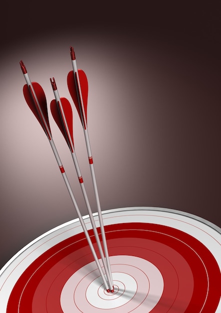 Tre frecce che colpiscono il centro di un bersaglio rosso, sfondo di concetto di affari vectical con spazio per il testo.