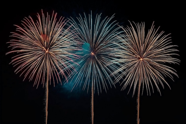 Tre fuochi d'artificio colorati piccoli nella posizione centrale di uno sfondo nero