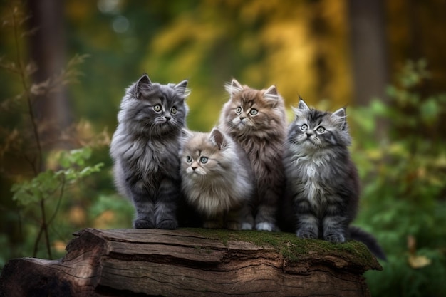 Tre gatti su un ceppo di albero