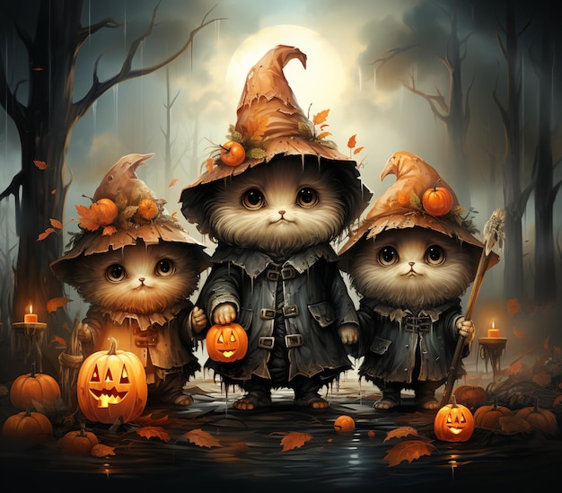 tre gatti vestiti da streghe con zucche e ai generativa jack o lantern