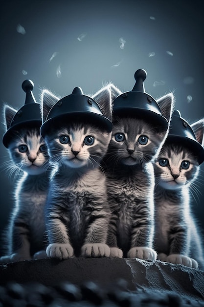Tre gattini che indossano cappelli con sulle loro teste ai generativa