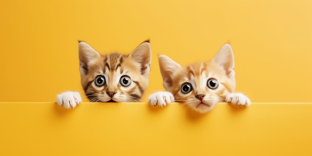 Tre gattini che sbirciano da una scatola gialla