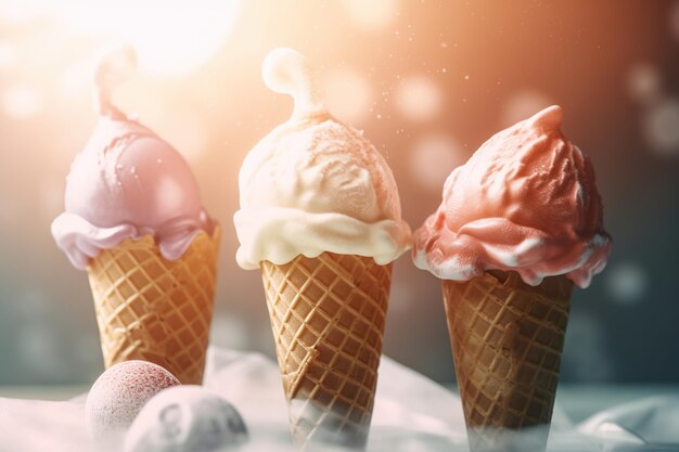 Tre gelati con lo sfondo rosa e giallo del sole luminoso