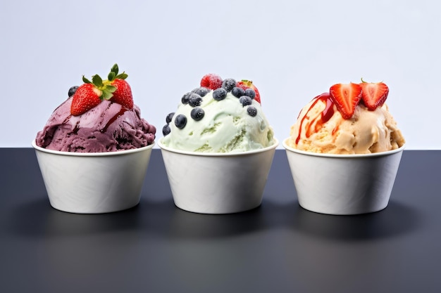 Tre gelati diversi con frutta e bacche