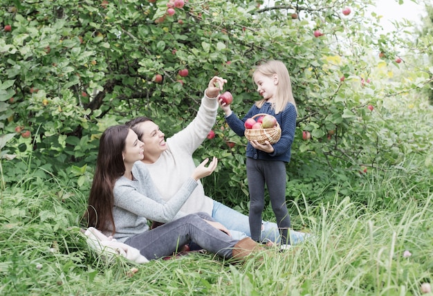 Tre generazioni di donne della stessa famiglia nel frutteto di mele al picnic