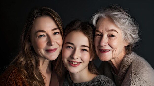 Tre generazioni di donne gioiose in un ritratto di famiglia stretta sorridendo e posando in uno studio abbracciano insieme la giovinezza e l'età perfetti per le rappresentazioni dello stile di vita AI