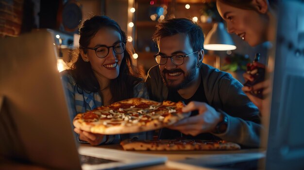 Tre giovani amici sono seduti attorno a un tavolo in una cucina stanno guardando un portatile sul tavolo e ridendo C'è una pizza sul tavolo