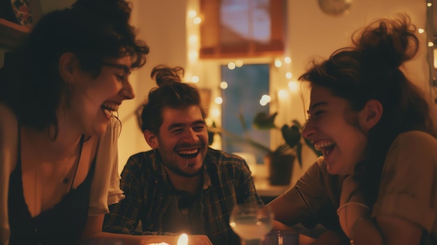 Tre giovani amici sono seduti attorno a un tavolo ridendo e parlando si stanno divertendo e godendosi la compagnia degli altri