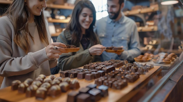 Tre giovani amici stanno assaggiando diversi tipi di cioccolato in un negozio di cioccolate. Tutti sorridono e si godono l'esperienza.
