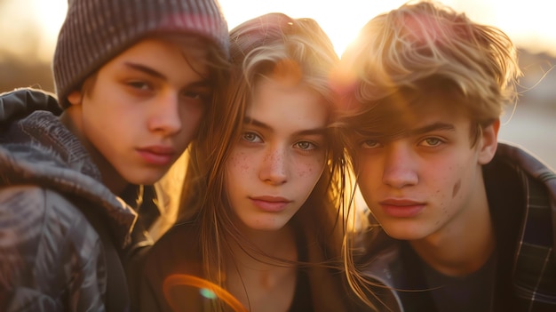 Tre giovani amici una ragazza e due ragazzi sono in piedi vicini l'uno all'altro stanno tutti guardando la telecamera con espressioni serie
