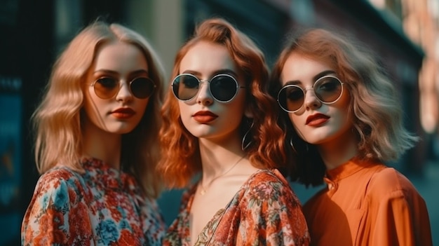 Tre giovani attraenti donne hipster in posa per strada mentre indossano abiti estivi alla moda, modelle positive che si divertono vicino a un muro d'arte con occhiali da sole pazzi The Generative AI