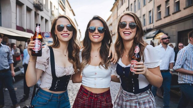 Tre giovani belle donne hipster sorridenti in moda estiva stesso abbigliamento donne sexy spensierate posin