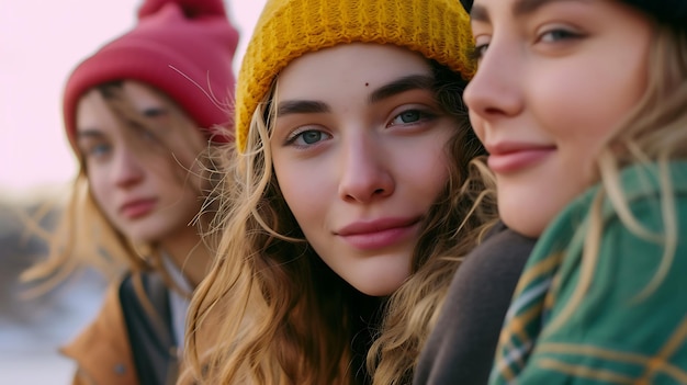 Tre giovani donne che indossano cappelli e sciarpe invernali AI generativa