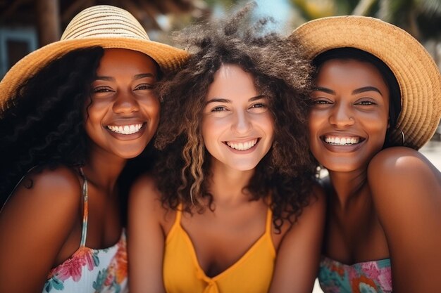 Tre giovani donne multietniche che si fanno un selfie nelle vacanze estive belle ragazze diverse in colorati